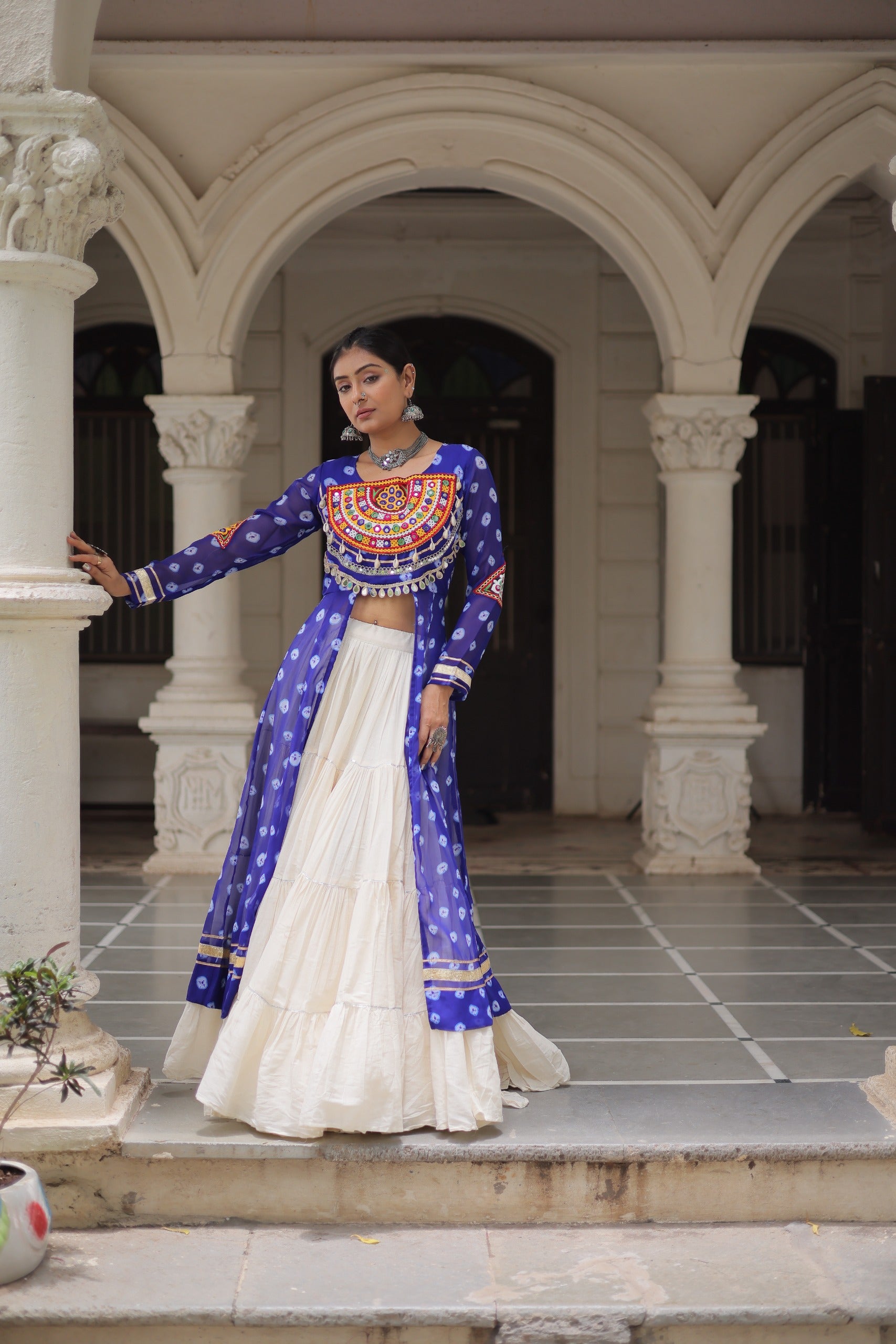 β¨  Navratri Collection - Bandhani Print Kurti with Kora Cotton Lehenga